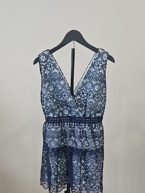 Self-Portrait Navy and Light Blue Lace Mini Dress
